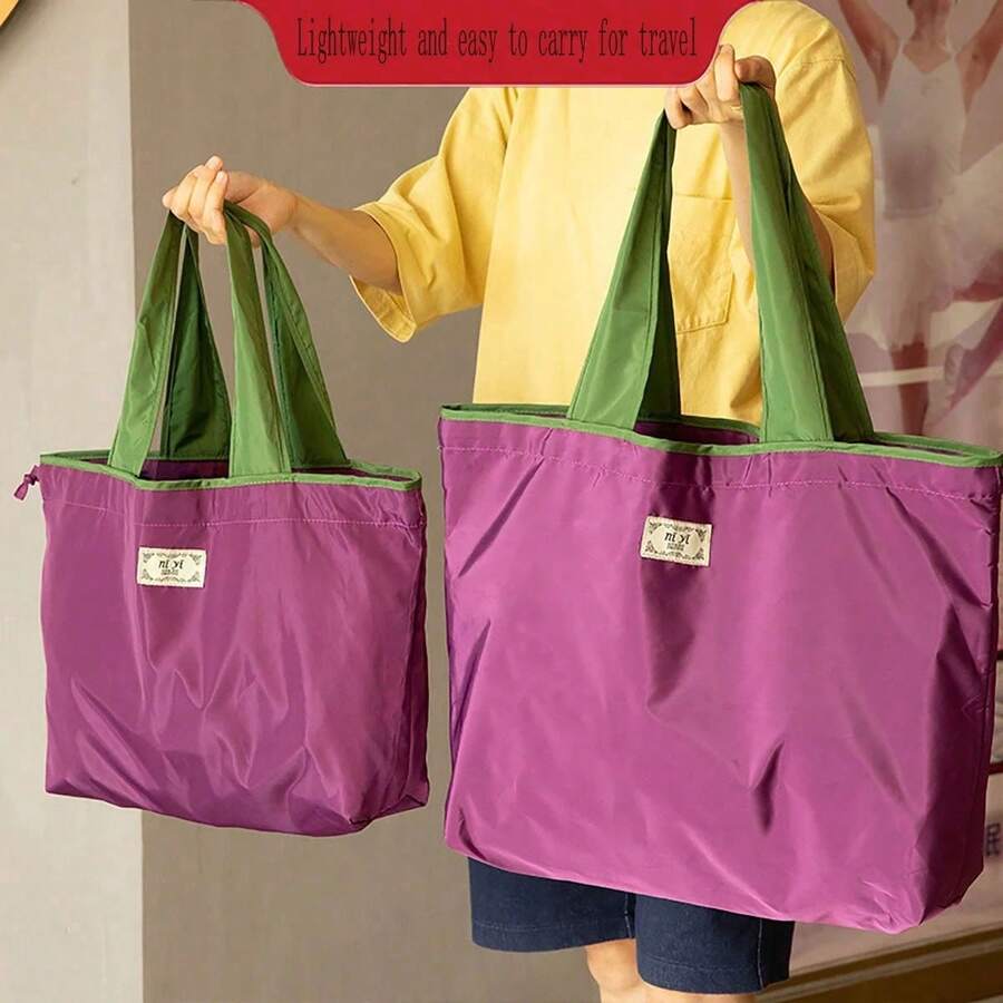 1pc Nylon Foldable Shopping Bag, Large Capacity Waterproof Drawstring Shoulder Bag, Adjustable Strap, Leak-Proof Reusable Grocery Storage Tote, Multi-Color Options For Daily Supermarket Use - Multicolor - View 1
