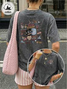 Vintage Washed T-Shirt | Plus Size Women Casual Loose Short Sleeve Cartoon Print T-Shirt, Suitable For All Seasons Black Summer - Black - View 9