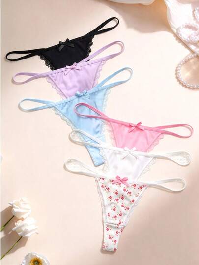 6 piezas Pantys cómodos de unicolor/estampado floral para mujer