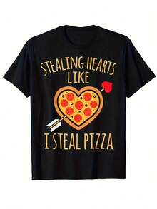 Funny Women's Shirt With Pizza And Valentine's Day Motif – "Stealing Hearts Like I Steal Pizza" Slogan With Pizza Stand And Heart Neckline Design – Casual, Comfortable Fit, Short-Sleeved Black Top For Pizza Lovers, Machine Washable, Playful Cartoon Print, Year-Round Clothing, Humorous Pizza-Themed Apparel. - Black - View 8