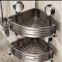 Space-Saving Suction Cup Bathroom Shelf - No Drilling, Strong Bearing Triangle Rack With Hooks, For Shower Room And Toilet Walls/Tiles, Multi-Functional Organizer - Gray-double Layer Suit - View 11