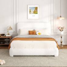 Queen Size Cloud Bed Frame, Boucle Bed With Adjustable Headboard, Soft Rounded Corner Guards, Silent Design, Easy To Assemble, BEIGE - 白色 - 查看 10