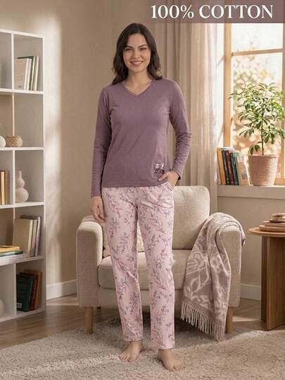 Cotton More 100% Cotton Women's Floral Print Pajama Set Long Sleeve V Neck T-Shirt & Elastic Waist Relaxed Fit Lounge Pants Soft Breathable Homewear Sleepwear Comfortable Nightwear Set