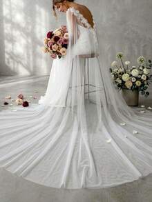 1pc Sexy Backless Cathedral Wedding Shawl, 3D Floral Lace Long Trailing Party Evening Gown Cloak - Multicolor - View 2