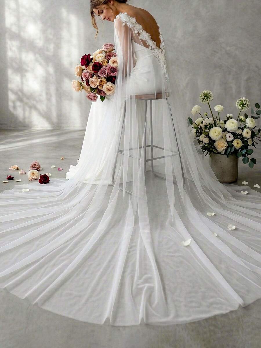 1pc Sexy Backless Cathedral Wedding Shawl, 3D Floral Lace Long Trailing Party Evening Gown Cloak