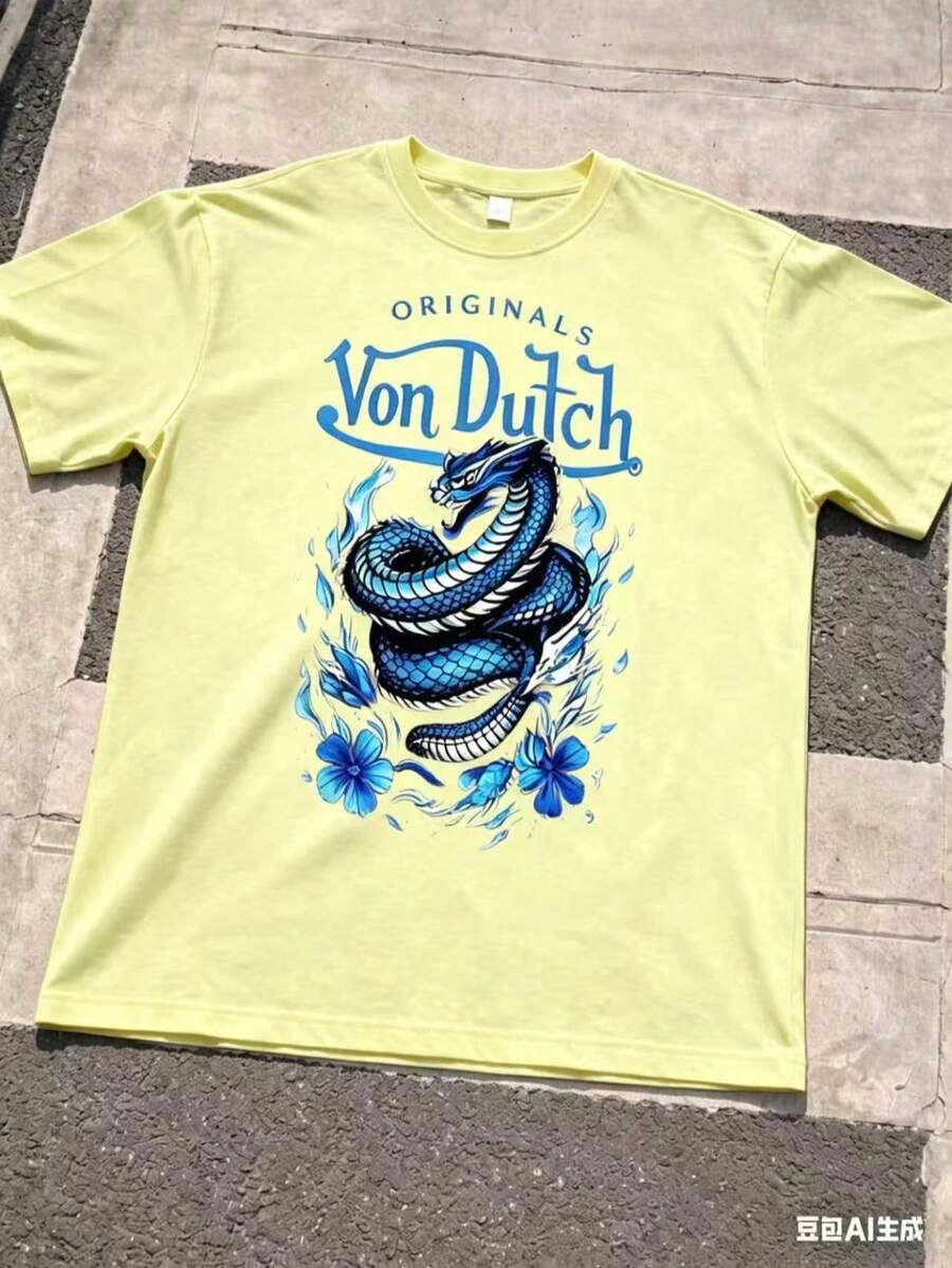 1PCS Men Creative Short Sleeve Print T-Shirt Blue Dragon And Flower Pattern With Vons Dutch Text Casual Wear Soft Fabric Breathable Print T-Shirt Summer Style 2026 - Màu vàng - Xem 1