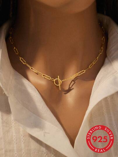 SYMFNY 1入組時尚純銀OT搭扣極簡鏈條樣式項鍊適合女士適用於日常通勤