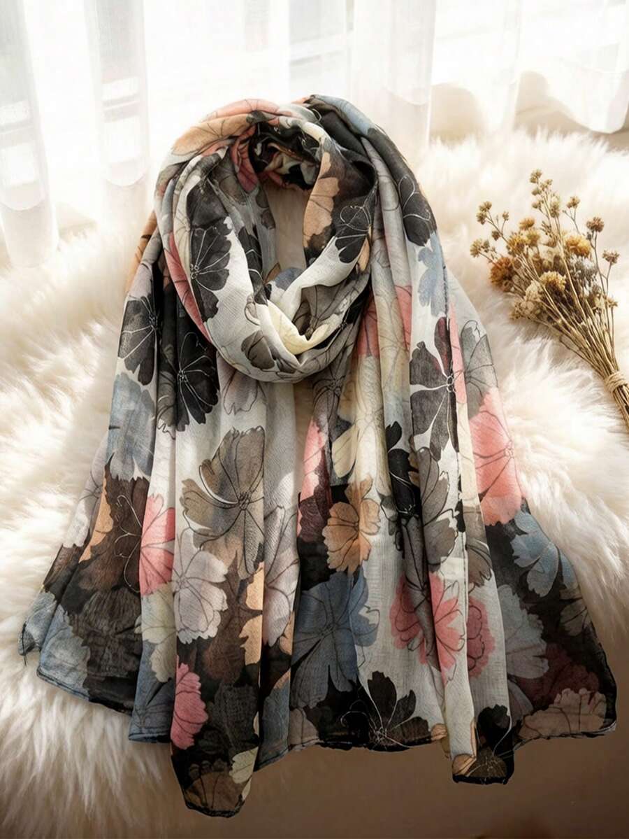 1 chiếc khăn choàng nữ in hoa thanh lịch, thích hợp cho mùa thu/đông, kiểu dáng Bohemian Bali bằng vải chiffon, phụ kiện khăn choàng duyên dáng thường ngày cho phái nữ, khăn che mặt cho ngày Valentine, khăn trùm đầu mềm mại. - Nhiều màu - Xem 1