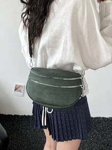 Tas Pinggang Bergaya dengan Resleting Ganda, Tas Selempang Wanita Kulit Sintetis dengan Tali Lebar - Hijau - View 6