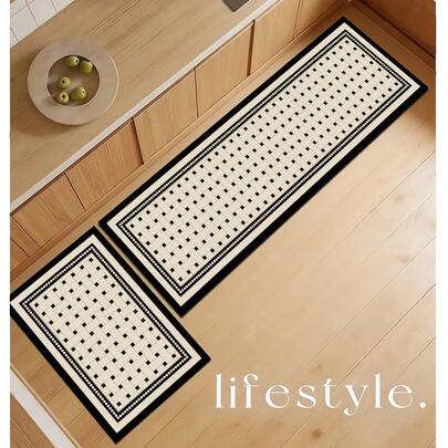 1pc Soft Rubber Water-Absorbing Kitchen Mat, 3.5mm Thick Absorbent Rug For Large Or Small Area, French Luxury Vintage Checkered Style
