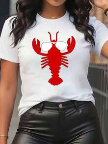 Women T Shirt Lobster With Sunglasses Print Round Neck Casual Daily Wear Soft Comfortable Holiday 220g - 白色 - 查看 1