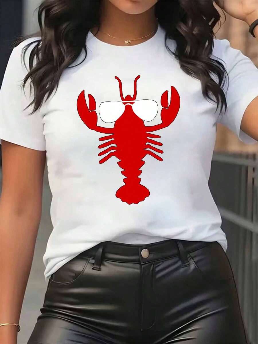 Women T Shirt Lobster With Sunglasses Print Round Neck Casual Daily Wear Soft Comfortable Holiday 220g - 白色 - 查看 1