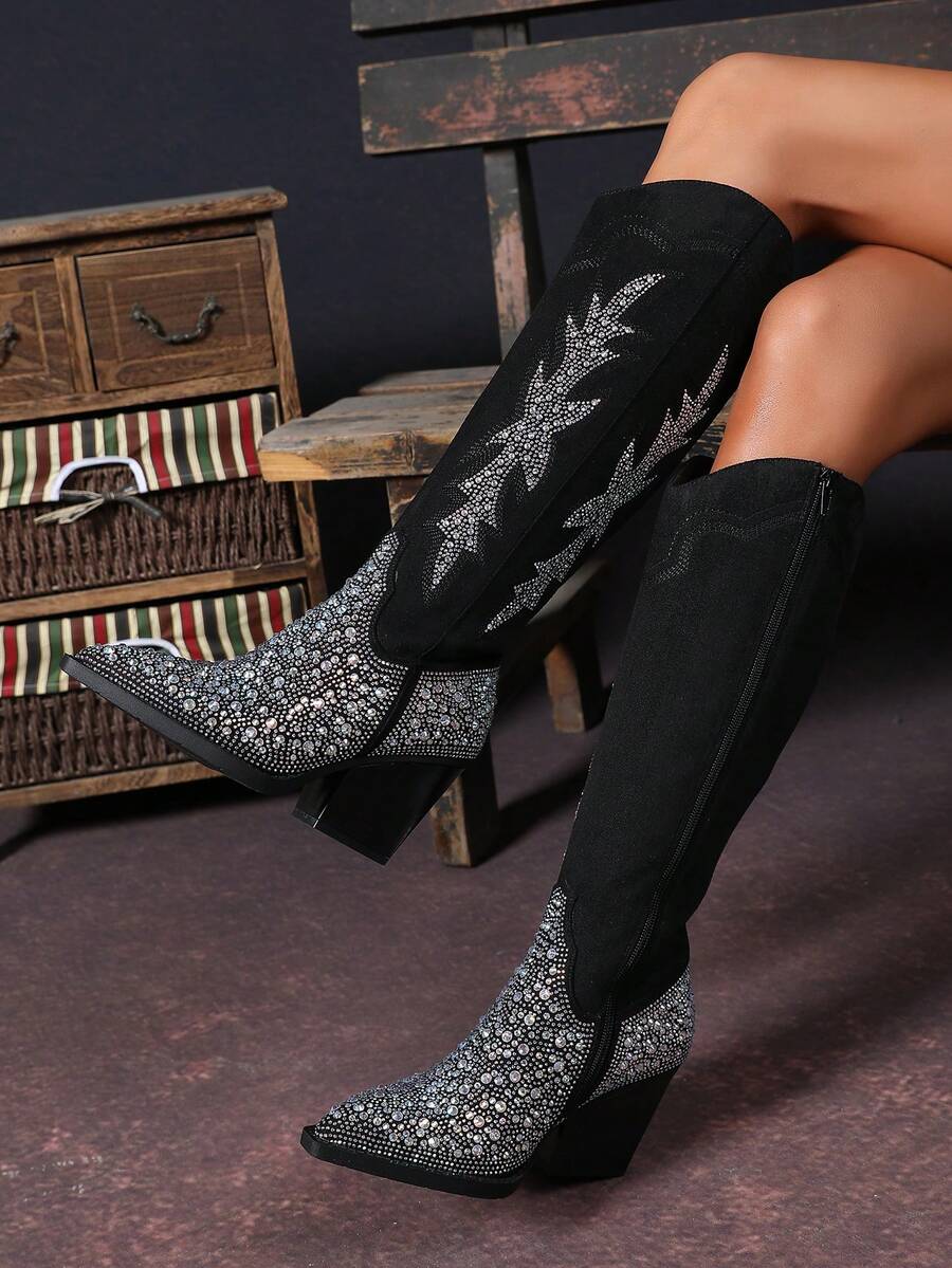 Rhinestone Embroidered Pointed Toe Chunky Heel Vintage Mid-Calf Fashion Boots For Women