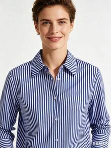 Textured Long-Sleeved Stripe Shirt With V-Neck - Blue and White - View 1