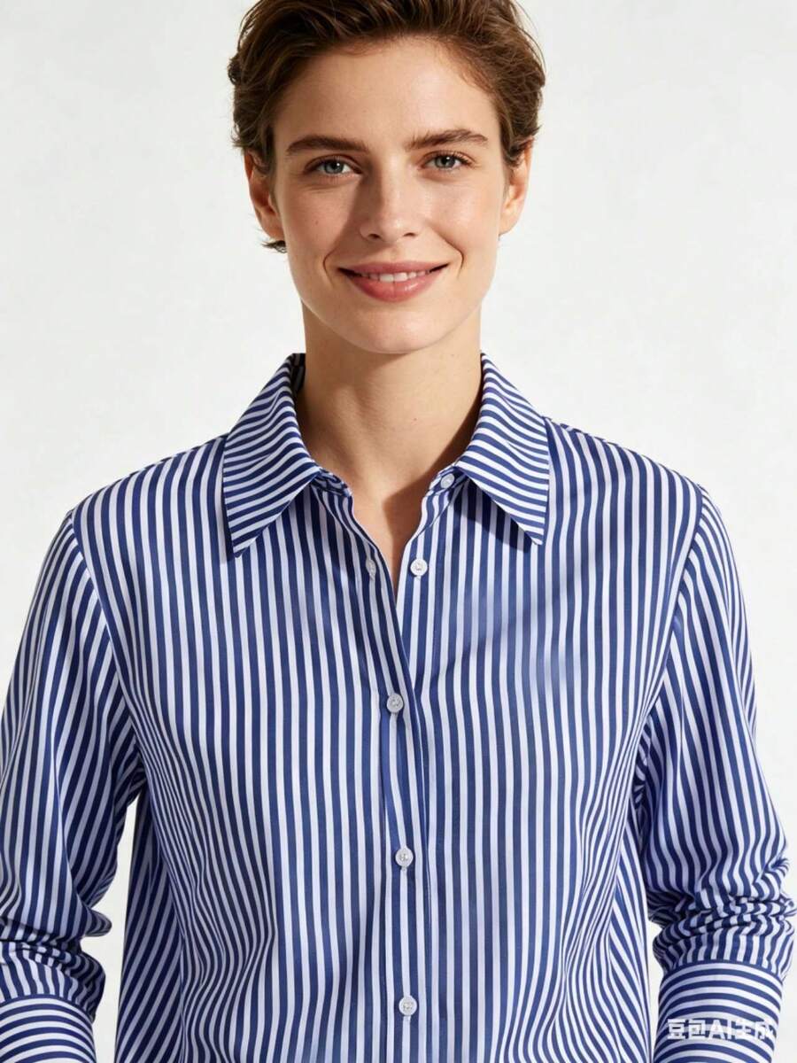Textured Long-Sleeved Stripe Shirt With V-Neck - Blue and White - View 1