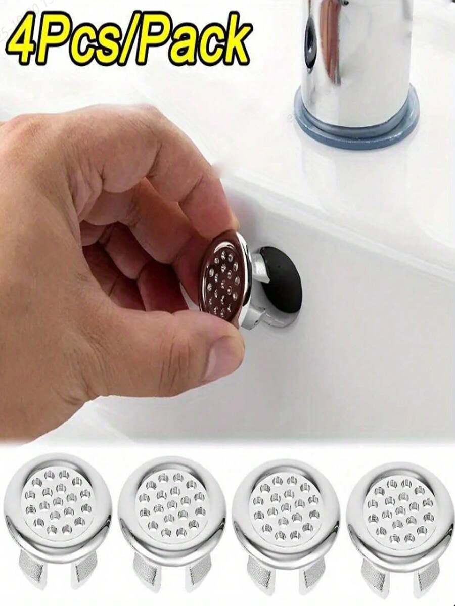 4pcs Plastic Bathroom Kitchen Sink Overflow Cover Replacement Inserts, Plated Round Drain Cover, Sink Accessories - Round - View 1