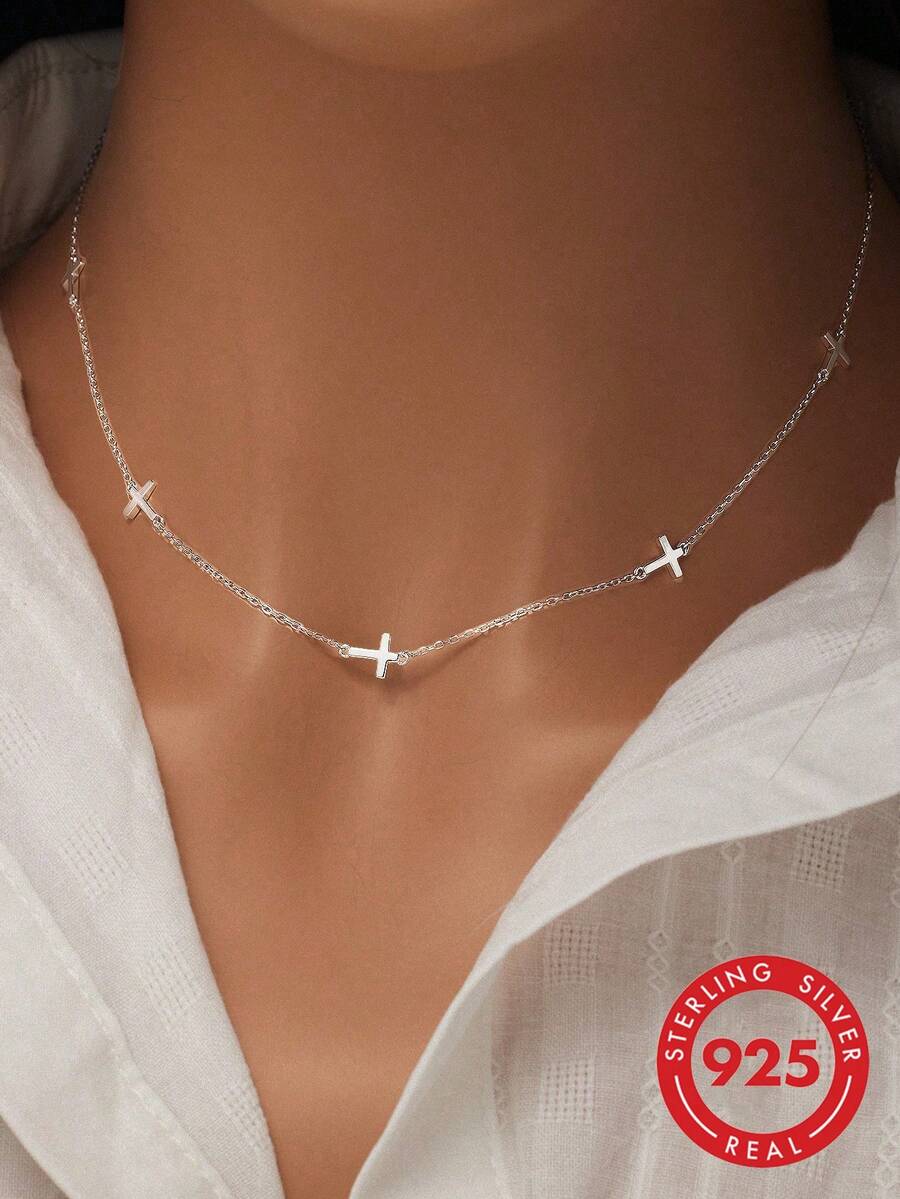 SYMFNY 1pc Minimalist Cross Decor Sterling Silver Necklace For Women For Daily Decoration Dating Gift - Silver - View 1
