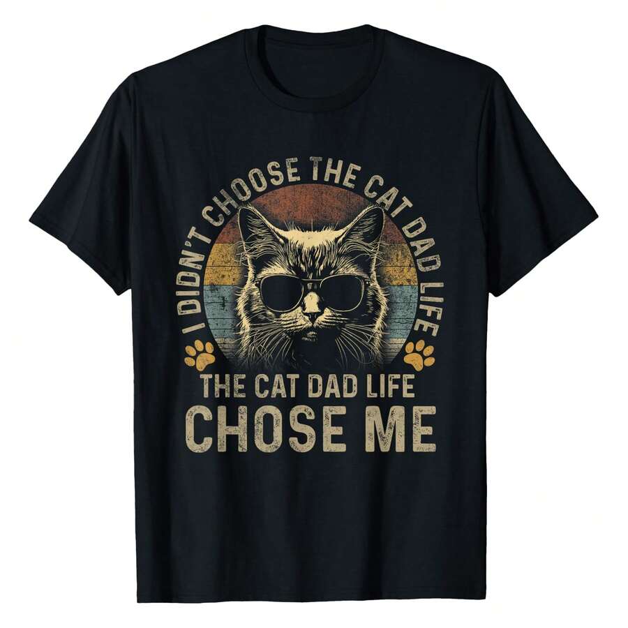 Mens I Didn't Choose The Cat Dad Life The Cat Dad Life Chose Me T-Shirt Round Neck Short Sleeve Men's T-Shirt, Creative Printing Pattern, Simple - 黑色 - 查看 1