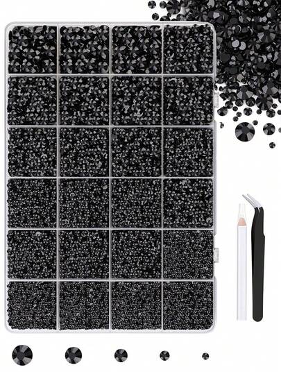 24颗网格平底黑色水钻，尺寸混合，2mm/3mm/4mm/Smm/0mm，闪亮套装，含点钻笔和镊子，适用于DY工艺美甲。