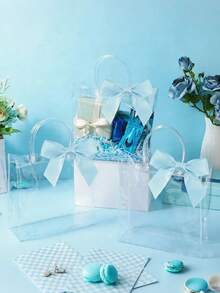 5pcs/10pcs 5.90 X 5.1 Inch Reusable Clear Plastic Gift Bags With Blue Ribbon Bow, Suitable For Wedding, Birthday Party, Baby Shower, Graduation Party - Multicolor - View 3