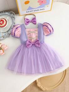 Set de 2 piezas de vestido de malla con bloqueo de color para niñas bebé, dulce y lindo, adecuado para salidas, fiestas y reuniones, primavera/verano - Lila Púrpura - Ver 1
