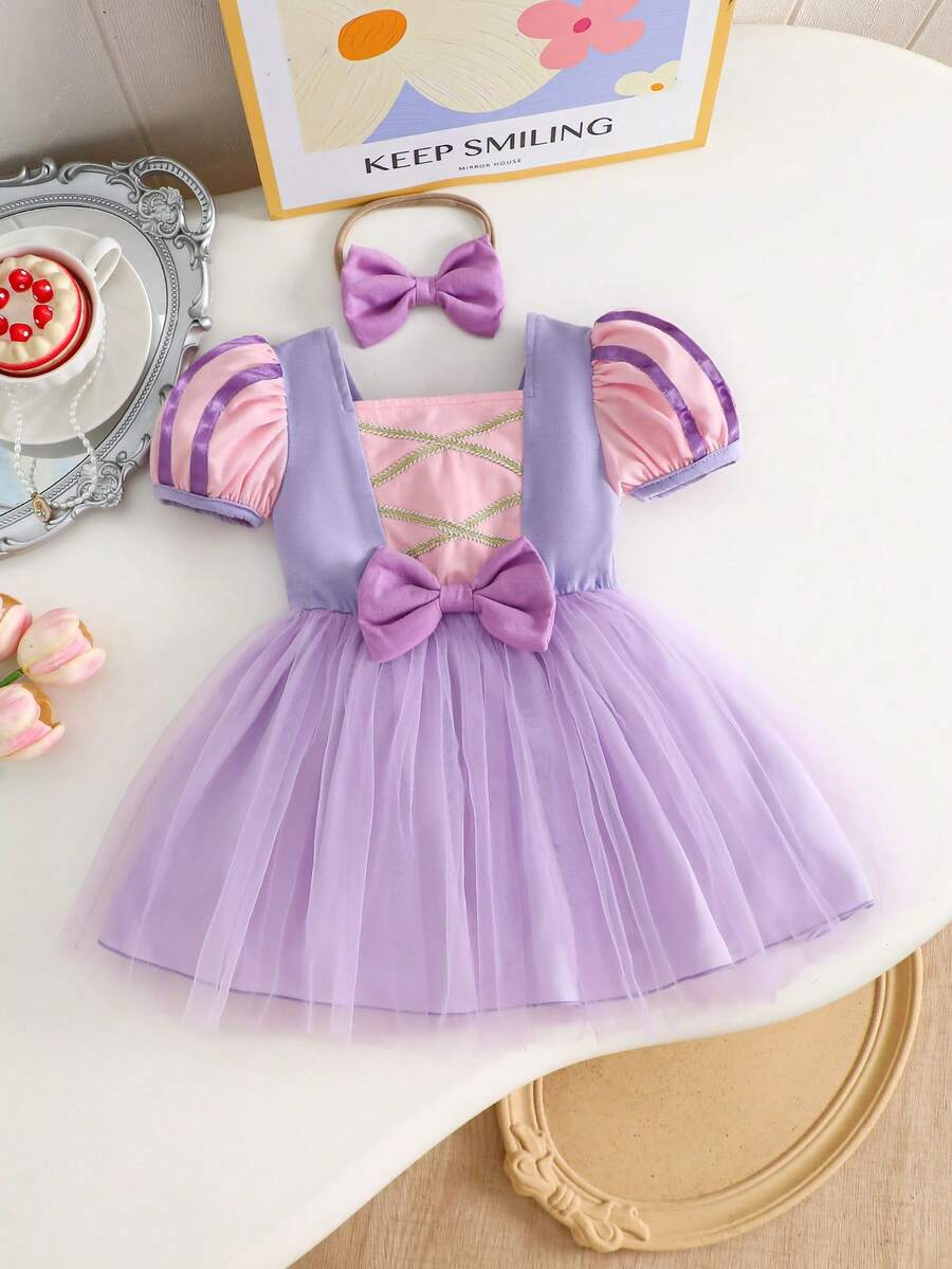 Set de 2 piezas de vestido de malla con bloqueo de color para niñas bebé, dulce y lindo, adecuado para salidas, fiestas y reuniones, primavera/verano - Lila Púrpura - Ver 1
