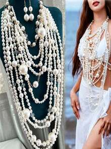 1 Bộ dây chuyền thời trang nữ, dây chuyền nhiều lớp, dây chuyền dài thanh lịch, dây chuyền ôm sát cổ, dây chuyền đeo quanh người thời trang, dây chuyền đính hạt thủ công - vàng - Xem 2