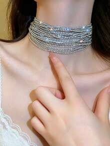 1件装夜店性感多层流苏女士颈链，闪亮水晶新娘时尚派对项链 - 銀色 - 查看 4