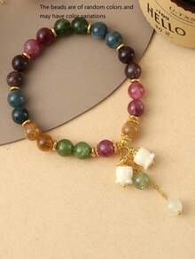 1pc Natural Stone Colorful Beryl Beaded Bracelet For Women, Delicate Lily Of The Valley Pendant Charm Handmade, Gift For Girlfriend Best Friend (Beads Color Random) - Multicolor - View 5