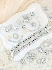 24pcs Set Luxury Crystal Flower Pearl Chain Detachable Alloy Shoe Charms, High-End Decorative Accessories For Clogs Shoes - Silver - View 4
