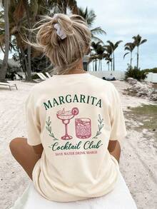 Áo thun nữ tay ngắn cổ tròn in hình câu lạc bộ cocktail Margarita, cỡ lớn, chất liệu co giãn tốt, thích hợp mặc mùa hè. - Màu be - Xem 4