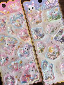 Funda de teléfono con decoración de pegatina de conejo lindo con brillo láser, efecto de arena movediza y dibujos animados 3D con inyección de agua - color - Ver 4