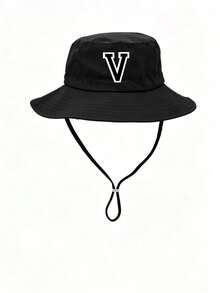 1pc Kids Letter Print Sun Hat, Casual Design With Adjustable Wind Strap, Suitable For Outdoor, Beach Sun Protection - Black - View 29