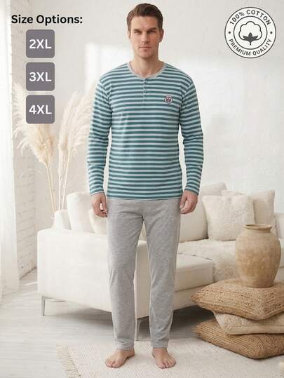 Cotton More 100% Cotton Men's Striped Long Sleeve Henley T-Shirt & Elastic Waist Relaxed Fit Lounge Pants Soft Breathable Homewear Sleepwear Pajama Set Casual Comfortable Nightwear