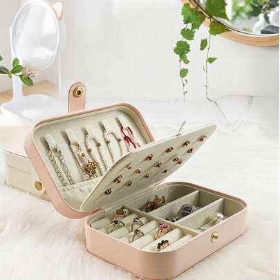 1pc 16*11.5*5cm Leather Portable Jewelry Storage Box, Compact And Easy To Carry, Organizer For Earrings, Necklaces, Rings And Other Jewelry
