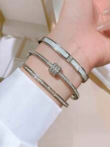 3 / 1 Piece New High-Quality Roman Numeral Zirconia Stainless Steel Women's Bracelet, Bangle, Women's Jewelry Set, Women's Accessory Set, Women's Bracelet Set, Suitable For Girls' Slender Wrists, Stackable, Lightweight And Luxurious, Uniquely Delicate, Adorned With Rhinestones, Fashionable Design, Versatile Colors, Durable, Fade-Resistant, A Perfect Choice For Daily Wear By Women. - Silver - View 14