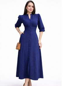 Women's Plain Maxi Dress, Tailored, Tokyo Style, Elegant, Casual, Buttons-Front, Casual Fashion, Wedding, Holiday, Summer - 藏蓝色 - 查看 5