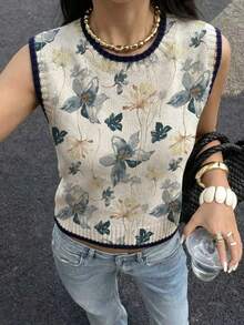 New Spring Women's Crew Neck Sleeveless Vest, Ink Wash Floral Print, Color Block Knit Trimmed Vest, Casual Holiday Wear, Elegant Loose Knit TSuitable For Spring Outdoor Wear, Daily Outfits, And Home Styling - Light Blue - View 2