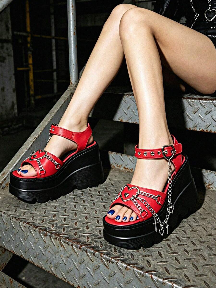 Women Punk Platform Sandals High Wedges Heel Metal Chain Buckle Strap Open Toe Shoes Heart Goth Dress Party Comfy Sandals Valentines - 紅色 - 查看 1