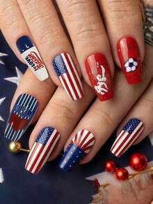 24pcs Independence Day USA Flag Wearable Football Statue Of Liberty Decorated Artificial Nails, Minimalist Style, Smooth Surface, Full Coverage Fake Nails, Suitable For Women And Girls Daily Wear - Multicolor - View 1