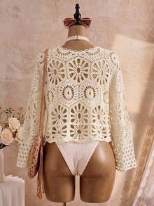 Women's Bohemian Hollow Crochet Knit Cover Up, V-Neck Tie Front Bell Sleeve Cropped Top, Beach Vacation Cover-Up Summer - Champagne - View 6