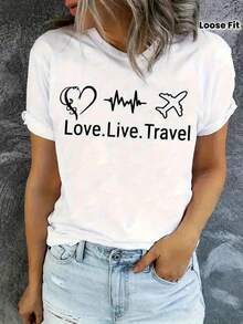 White Women's T-Shirt With Travel Motif – LOVE LIVE Heartbeat & Airplane Print With ECG & Airplane Symbols, Breathable Crew Neck Short-Sleeved T-Shirt For Travelers, Holiday Outfits & Wanderlust Lovers (Machine Washable) - White - View 6