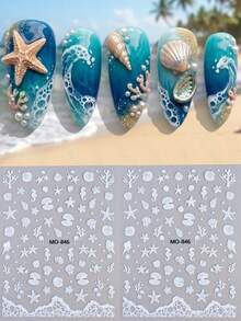 2pcs 3D Laser Ocean Starfish Shell Nail Stickers, White Glass Wave Seahorse Coral Self-Adhesive Nail Art Decals For Summer Beach Party - White - View 4