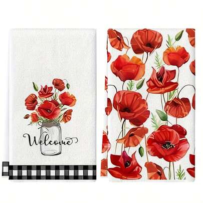 2pcs Red Poppy Flower Plaid Kitchen Towels, Towel Set, Best Kitchen Towels, Fun Kitchen Towels, Cooking Baking Tea Towels, Dish Cloths, Hand Towels, Super Soft & Highly Absorbent, Sweet Housewarming Gift For Friends, Kitchen Accessories, Decor, Household Essentials, Kitchen Essentials, Home Essentials, Travel Essentials