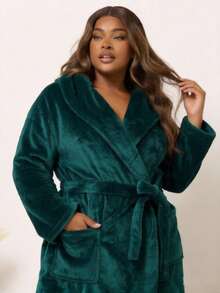 1pc Flannel Robe With Pockets, Belt And Collar, Soft And Comfortable, Women's Sleepwear, Morning Robe, Bathrobe. Thin 220gsm, Suitable For Petite Women, Multiple Sizes Available, Recommend Choosing One Size Up - Green - View 4