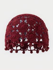 1pc Women's Fashion Pearl Pendant Hollow Flower Decor Hand-Knitted Hat, Suitable For Daily Wear - A - View 11
