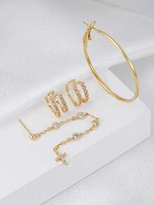 4Pcs Inlaid Cubic Zirconia Earring Set, Gold Cross Chain Drop Earrings, Stackable Ear Cuff & Hoop Earrings For Women - Yellow Gold - View 4
