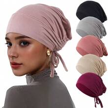 CONFLASS 1/3pcs Women's Soft Elastic Tie Headscarf, Muslim Headwrap Inner Cap, Breathable Sleeping Cap For Curly Hair, Adjustable For Daily & Nighttime Use, Multiple Colors Available - Strappy Bottom Hat - View 1