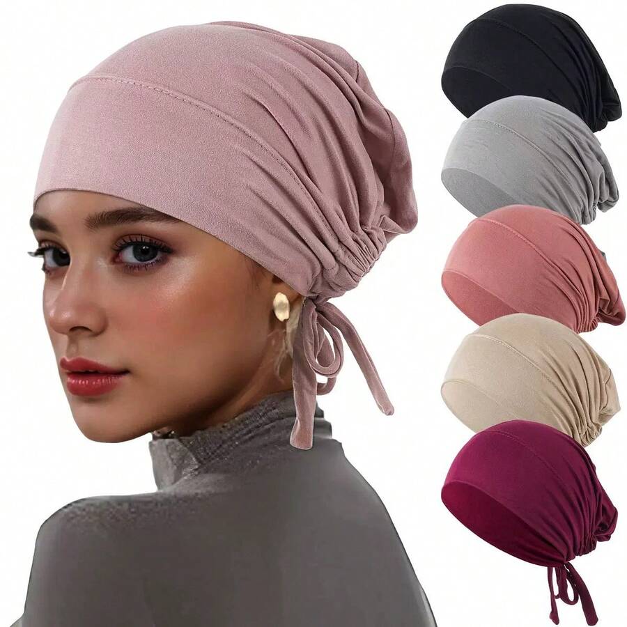 CONFLASS 1/3pcs Women's Soft Elastic Tie Headscarf, Muslim Headwrap Inner Cap, Breathable Sleeping Cap For Curly Hair, Adjustable For Daily & Nighttime Use, Multiple Colors Available - Strappy Bottom Hat - View 1