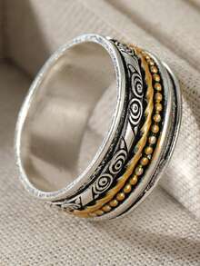 Women's Hammered Texture Vintage Bohemian Wide Face Design Ring, Durable Everyday And Thanksgiving Gift, Decorative Jewelry - Multicolor - View 6